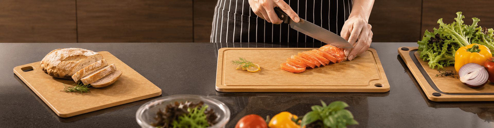 Remica wood fiber cutting board for food-grade kitchen preparation and serving