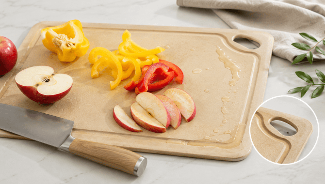 Remica wood fiber cutting board with juice groove rounded edges and slim profile