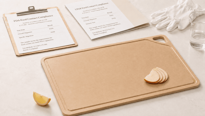 Remica wood fiber cutting board with food-safe compact laminate surface and certificate documentation