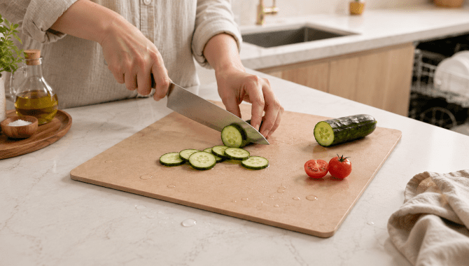 Remica wood fiber cutting board with non-porous dishwasher safe and knife friendly surface