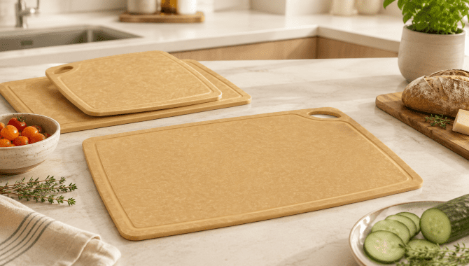 Remica wood fiber cutting board with food-grade compact laminate surface for modern kitchens
