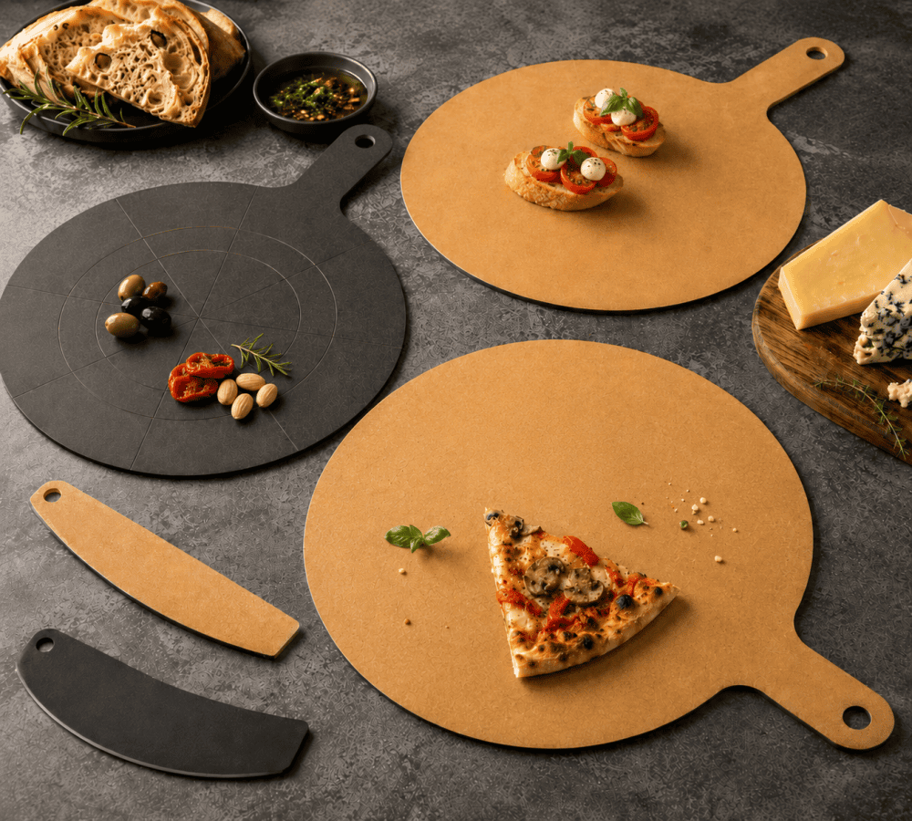 Remica wood fiber pizza board for slicing serving and sharing