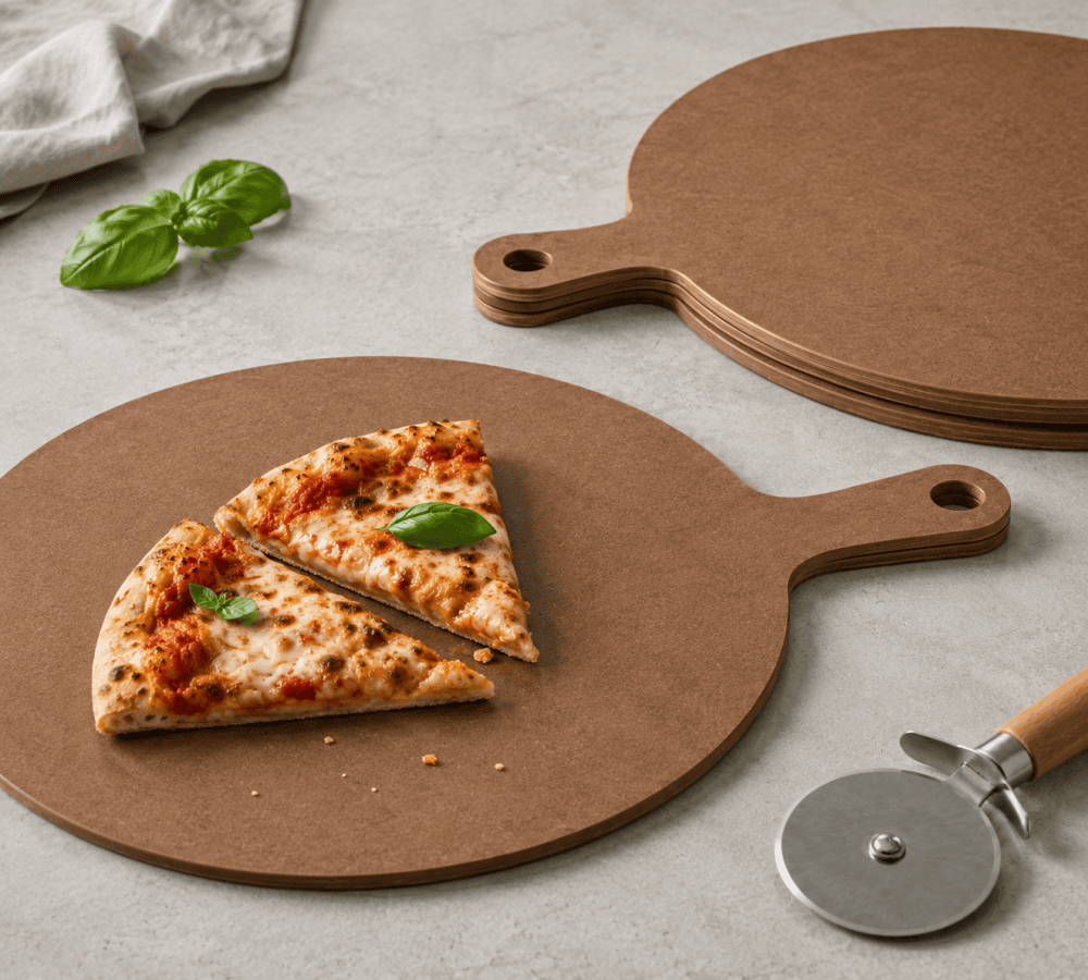 Remica wood fiber pizza board for slicing serving and sharing
