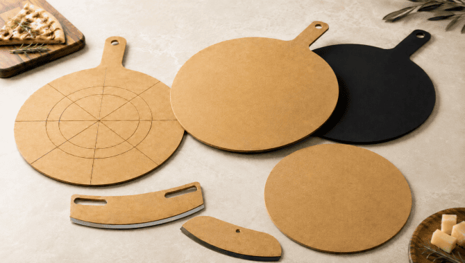 Remica pizza board design options with round handle boards scoreline guide and pizza cutters