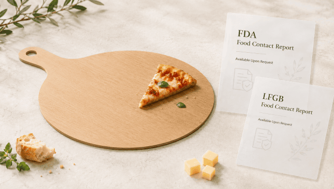 Remica pizza board with FDA and LFGB food contact documentation for quality assurance